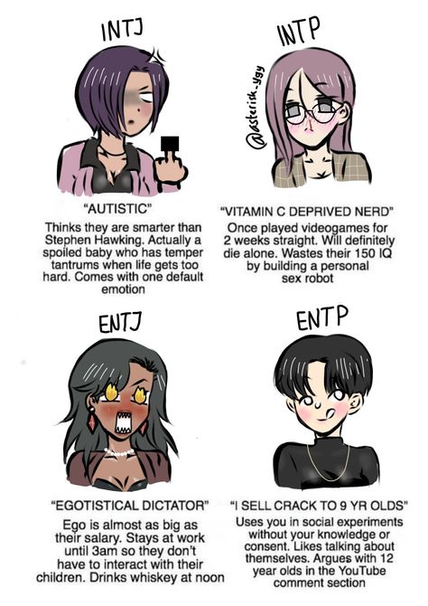 who is the worst? tia, kim, gloria, or aster? 😹 VOTE BELOW!! ⬇️⬇️⬇️ (wish evryone chose me 😈- ENTP) just a reminder: the polling is just afor fun and all these jokes is refer to my OC, does not refer to people in RL :'v peace!  art by me @asterisk_ygy 💕  #entp #entj #intj #intp #mbti #entjfanart #entpfanart #intjfanart #mbtifanart #intpfanart #femaleentp #femaleentj #femaleintj #femaleintp #mbtioc #mbtimemes #intpmemes #entpmemes #entjmemes #intjmemes Intp Entp Intj Entj, The Analysts Mbti, Entj X Entp, Intj And Entp, Entp Female, Intp X Intj, Entj X Intp, Entp Art, Analysts Mbti