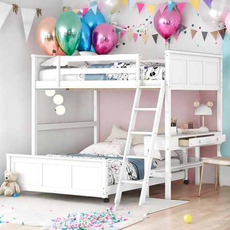 Modren Twin Over Full Bunk Bed With Desk,Solid Construction For Bedroom - Bed Bath & Beyond - 40529317 Full Bunk Bed With Desk, Bunk Bed With Desk, Bed With Desk, Twin Over Full Bunk Bed, Full Bunk Beds, Bed Desk, Kids' Bed, Kids Bedroom Furniture, Bunk Bed