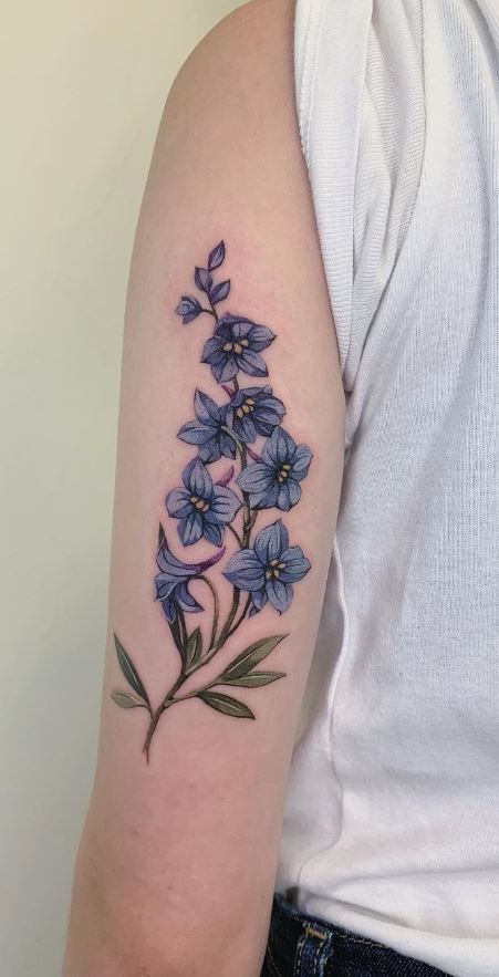 Larkspur Sleeve Tattoo, Art Nouveau Larkspur, Filler Designs For Tattoos, Larkspur Hip Tattoo, Tall Flower Tattoo, Purple Larkspur Tattoo, Blue Star Flower Tattoo, Larkspur Birth Flower Tattoo, Larkspur Wrap Around Tattoo