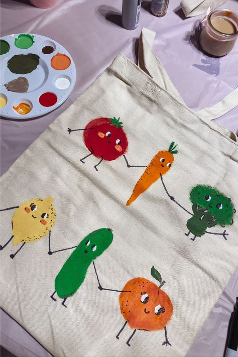 This was a memorable girls' night in! We painted our very own tote bags, and let our imaginations soar with our adorable vegetable friends illustrations. Get ready for an unforgettable evening filled with laughter, friendship, and beautiful creations! 💕 Painted Totes Ideas, Paint Your Own Tote Bag, Decorating Tote Bags, Tote Bag Ideas Paint, Diy Painted Tote Bag, Tote Painting Ideas, Paint Tote Bag Ideas, Tote Bag Painting Ideas Easy, Easy Tote Bag Painting