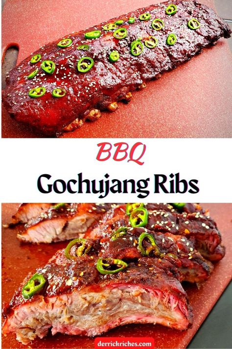 Gochujang Ribs Pork, Gochujang Ribs, Korean Bbq Ribs, Korean Ribs, Gochujang Recipe, Smoked Pork Ribs, Meat Sweats, Bbq Pork Ribs, Pellet Grill Recipes