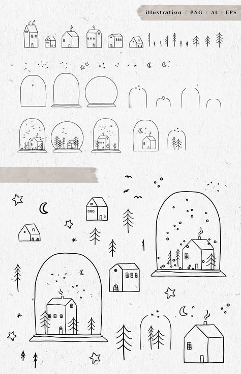 Winter Houses, Christmas Tree Illustration, House Doodle, Winter Drawings, Bujo Doodles, Arte Doodle, Christmas Illustrations, Christmas Doodles, Christmas Card Art