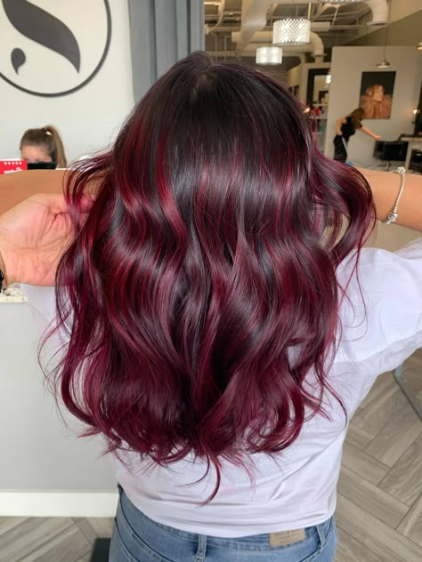 Fall Hair Dark Red, Red Color Ideas For Brunettes, Dimensional Red Balayage, Red Hairlights Hair, Wine Hair Color With Money Piece, Red Hair Color On Dark Hair, Red Burgundy Highlights, Red Burgandy Hair Balayage, Berry Balayage Hair