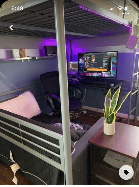 Loft Bed With Gaming Setup, Gamer Loft Bed, Loft Bed Setup, Gaming Setup Under Loft Bed, Loft Bed Gaming Setup, Boys Loft Bedroom Ideas, Gaming Loft Bed, Loft Beds For Small Rooms, A Loft Bed