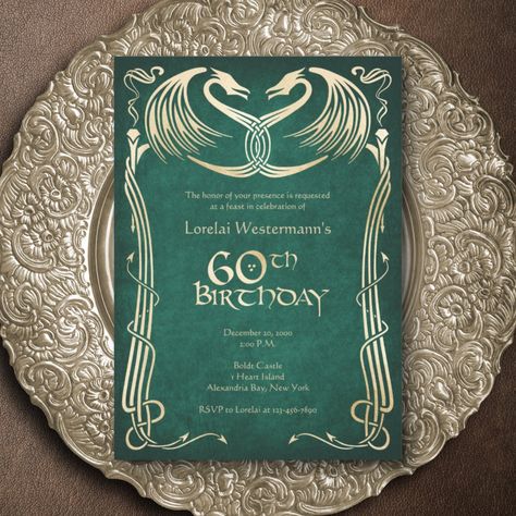 Celtic Wedding Invitations, Medieval Wedding Theme, Art Nouveau Wedding Invitation, Fantasy Birthday, Dragon Wedding, 70th Birthday Invitations, Medieval Dragon, Parchment Background, Viking Wedding