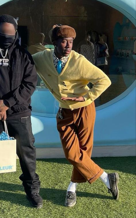 Pastel Yellow Outfits Men, Tyler The Creator Cardigan, Tyler The Creator Style Outfits, Taylor The Creator Outfit, Tyler Inspired Outfits, Tyler The Creator Outfits Ideas, Tyler The Creator Aesthetic Outfit, Tyler The Creator Fits, Tyler The Creator Outfits Inspiration