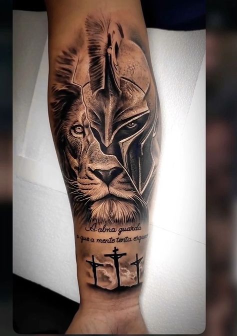 Life Tattoos For Men, Lion Warrior Tattoo, Christian Tattoos Men, Lion Forearm Tattoos, Warrior Tattoo Sleeve, Gladiator Tattoo, Half Sleeve Tattoos Forearm, Lion Tattoo Sleeves, Mens Lion Tattoo