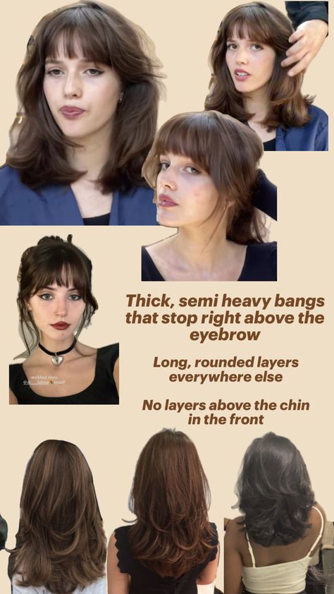 Bangs above the eyebrows, pretty thick. Rounded layers with no layers above the chin in the front Rounded Layers, Hairstyles For Layered Hair, Haircuts Straight Hair, Cut My Hair, Oui Oui, Hair Inspo Color, Hair Envy, Aesthetic Hair, Hairstyles Haircuts