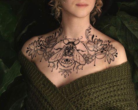 Chestpiece Tattoo, Chest Tattoo Designs Female, Chest Neck Tattoo, Madame Medusa, Clavicle Tattoo, Symmetrical Tattoo, Thumb Tattoos, Nouveau Tattoo, Bug Tattoo