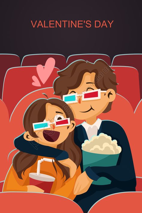 Valentines Day Watch Movie Couple Hand Painted illustration image Disney Couple Illustration, Valentine Illustration Couple, Watching Movie Illustration, Valentine Illustration Cute, Couple Cute Drawing, Valentine's Illustration, Cute Couple Illustration, Cinema Day, Cinema Illustration