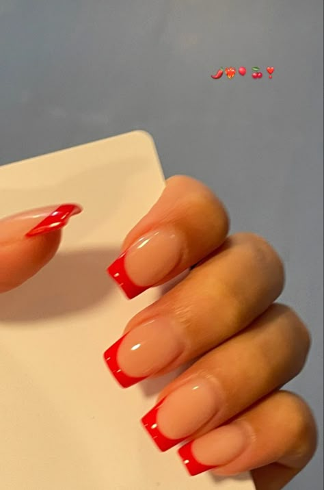 Red French Acrylic Nails Square, Nail Ideas Acrylic Square Medium, Acrylic Nails Tips Color, Red French Coffin, Medium Square Acrylic Nails French Tips, Bright Square Nails, Red French Tip Square, Square Red French Tip Nails, Red Acrylic Nails Square