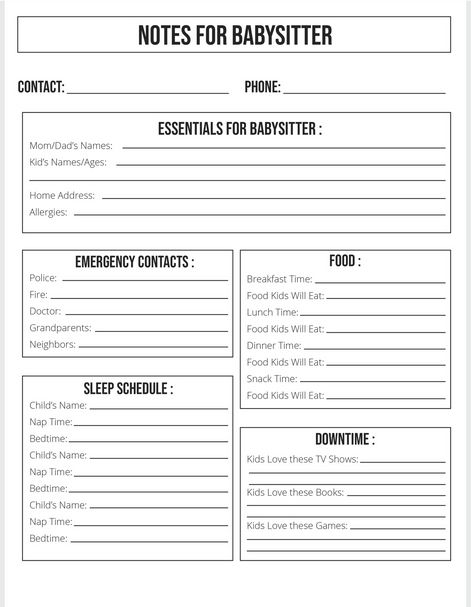 Free notes for babysitter printable that includes all the details you need to leave with your sitter. #notesforsitter #babysitter #mom #parenting #parentingtips Babysitting Fill Out Sheets, Babysitting Sheet, Babysitter Bio Ideas, Babysitting Binder Printables, Babysitting Forms For Parents, Cute Babysitting Business Names, Babysitting Log, Nanny Binder Printables, Babysitting Notes