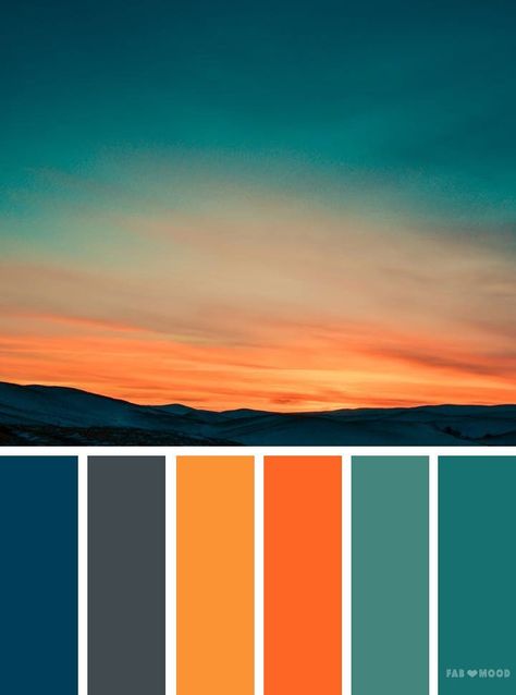 Orange teal sky inspired color palette #color #colorscheme #inspiration Orange And Blue Color Palette, Choosing Wedding Colors, Beautiful Bedroom Colors, Diy Hanging Shelves, Blue Color Palette, Paint Color Schemes, House Color Schemes, Gorgeous Bedrooms, Bedroom Color Schemes