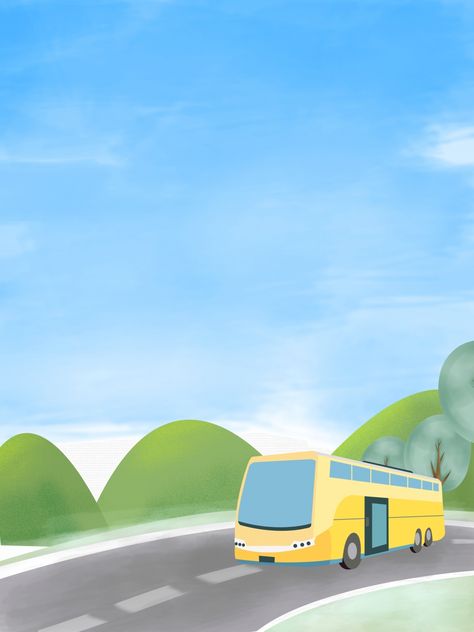 Fresh Green May Day Travel Big Bus Background Trip Background, Bus Background, Bus Poster, Happy Bus, Bus Illustration, China Tourism, Travel Bus, Big Bus, Sky Car