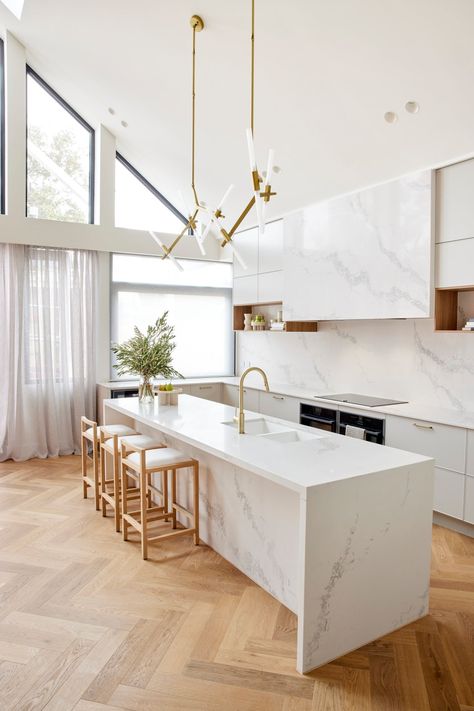 The Block Kitchen, Kitchen Inspiration Design, Caesarstone Kitchen, Pink Cabinets, Herringbone Flooring, Timber Kitchen, Big Kitchen, Kitchen Interior Design Modern, Luxury Kitchen Design