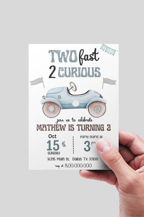 Editable Two Fast Birthday Invitation, 2 Fast Boy Race Car, 2nd Birthday Party Invite, Two Fast 2 Curious Race Car Party Theme Kid Birthday - Etsy Ireland Fast Two Theme, Two Fast Birthday Party Invitations, Birthday Theme For 2 Year Boy, Birthday 2 Year Boy, 2nd Birthday Boy Themes Summer, Two Year Birthday Theme Boy, Car Second Birthday Party, Two Year Old Car Theme Birthday, 2nd Birthday For Boy