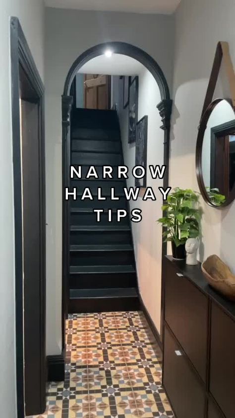 Stairs At End Of Hallway, Cottage Upstairs Hallway, Narrow Corridor Design Home, Victorian Semi Hallway, Herringbone Narrow Hallway, Narrow Hallway Seating Ideas, Narrow Panelled Hallway, Small Victorian Hallway Ideas, Narrow Doorway Ideas