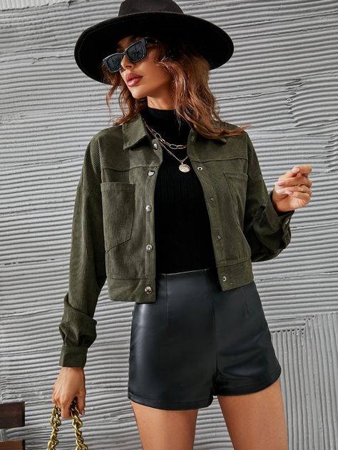 Drop Shoulder Pocket Patched Crop Corduroy Jacket | SHEIN USA Cropped Jacket Outfit, Jacket For Spring, Minimal Look, Long Sleeve Jacket, Sleeve Jacket, Corduroy Jacket, Long Sleeves Jacket, Jackets Online, Fall Outfits Women