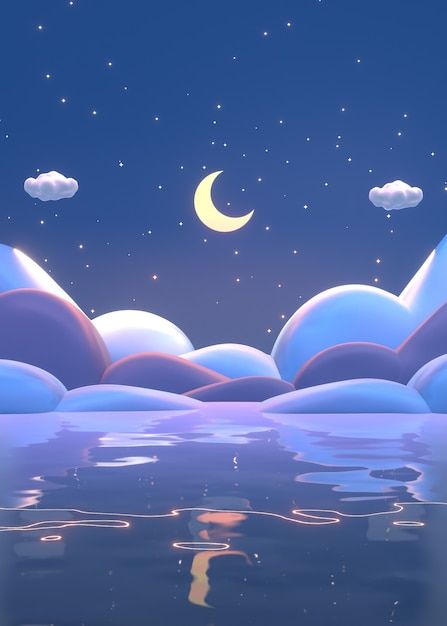 Cartoon Moon Aesthetic, Moon Cartoon Wallpaper, Night Illustration Wallpaper, Lullaby Illustration, Cartoon Night Sky, Midnight Drawing, Render Wallpaper, Sea Cartoon, Sky Cartoon