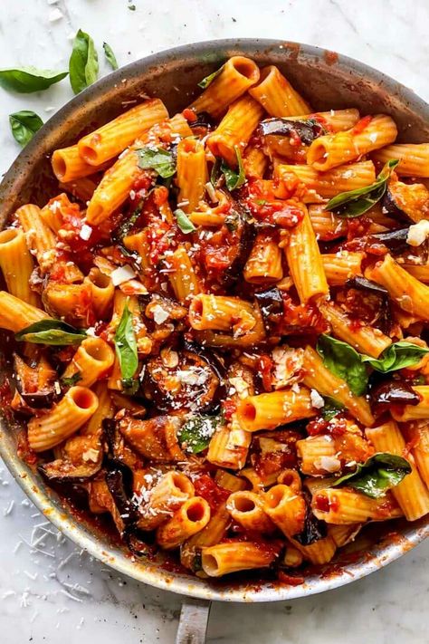 Pasta alla Norma (Eggplant Pasta) | foodiecrush.com Eggplant Norma Pasta, Pasta With Aubergine Recipe, Roast Aubergine Recipes, Alla Norma Sauce, Eggplant And Tomato Pasta, Salt And Lavender Recipes Pasta, Eggplant Alla Norma, Pasta Eggplant Recipe, Eggplant Parm Pasta