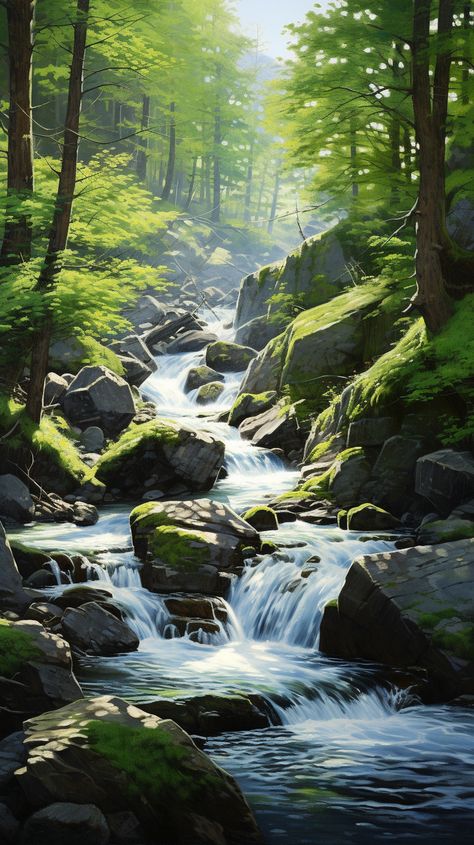 Waterfall Forest Painting, Forest River Painting, Flowing Water Painting, Forest Stream Painting, Stream Drawing, Shop Mural, Streams Of Water, Forest Stream, Plane Flying