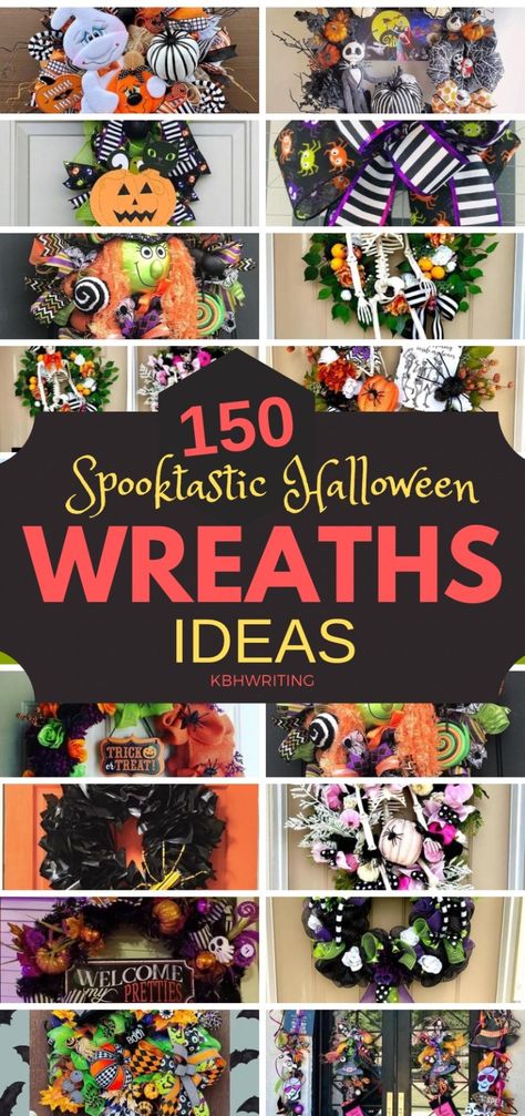 150 Spooktastic Halloween Wreaths Ideas Diy Halloween Skeleton, Scary Halloween Wreath, Black Halloween Wreath, Halloween Door Wreaths, Halloween Mesh Wreaths, Halloween Front Doors, Holiday Wreaths Diy, Dollar Tree Halloween, Diy Halloween Wreath