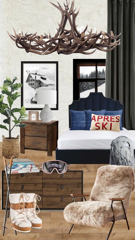 #homedecor #homeinspo #roomdecor #roominspo #roominspiration #room #apresski #apresskistyle #skiing #snowboarding #roomaesthetic #preppy Winter Lodge Bedroom, Cozy Ski Lodge Aesthetic, Ski Chalet Design, Chalet Christmas, Ski Bedroom Ideas, Ski Cabin Decorating Ideas, Ski Themed Bedroom, Ski Lodge Bedroom, Ski Cabin Interior