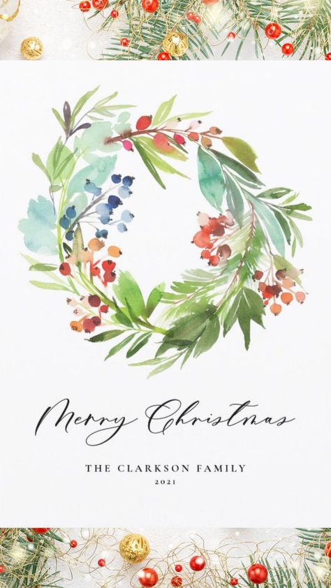 Watercolor Berries and Greenery Wreath Christmas Holiday Card Christmas Holiday Greetings, Happy Holiday Cards, Christmas Card Art, Watercolor Christmas Cards, Christmas Gift Card, Greenery Wreath, Wreath Watercolor, Christmas Holiday Cards, Holiday Postcards