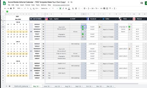 How To Plan Your Social Media in 2020 as an individual or small company — FREE Google Sheets Editorial Calendar Template | by Gracia Kleijnen | Google Sheets Geeks | Medium Social Media Planning Template, Social Media Content Calendar Template, Editorial Calendar Template, Google Sheets Templates, Social Media Planner Template, Social Media Calendar Template, Social Media Strategy Template, Content Calendar Template, Social Media Posting Schedule