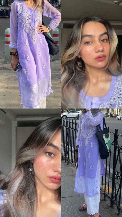 Chikankari Kurti Styling Ideas, Insta Story For Traditional Dress, Pose In Chikankari Kurti, After Wedding Outfit The Bride Indian, How To Pose In Traditional Wear, Chikankari Kurta Styling Ideas, Asthetic Kurta With Jeans, Collage Kurti Outfit, Purple Kurti Outfits