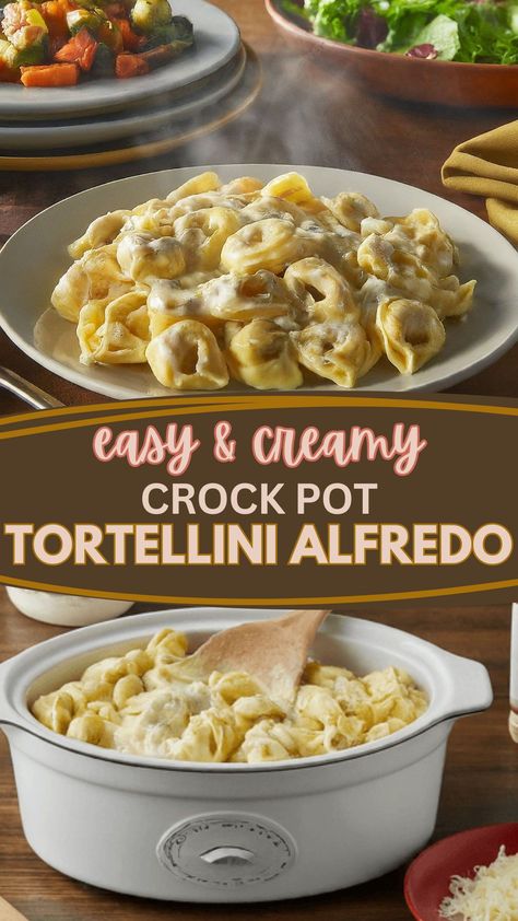 Forget takeout! This EASY Crock Pot Tortellini Alfredo recipe is your ticket to creamy, cheesy goodness in MINUTES!   Perfect for busy weeknights, this recipe is sure to become a family favorite.  Just a few ingredients and your trusty Crock Pot are all you need to whip up this restaurant-worthy dish. Super Easy Crock Pot Meals, Crockpot Recipes Pasta Alfredo, Andouille Sausage Tortellini Crockpot, Crockpot Cream Cheese Tortellini, Crock Pot Cheese Ravioli, Crock Pot Meal Ideas For Dinner, Easy Tortellini Recipes Crock Pots, Slow Cooker Cheese Tortellini, Ground Beef Tortellini Recipes Crock Pot