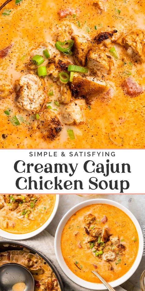 Deliciously creamy, rich, and full of flavor, this Cajun chicken soup is quick and easy to make but restaurant-quality in taste. Positively delicious and naturally low carb. Cajun Pasta Soup, Cracked Chicken Soup With Cheddar Bay Biscuit Topping, Creamy Shrimp And Rice Soup, Soup Recipes With Heavy Cream, Soups With Heavy Whipping Cream, Chicken And Pasta Soup, Unique Soup Ideas, Cream Soups Ideas, Spicy Soup Recipes For Colds