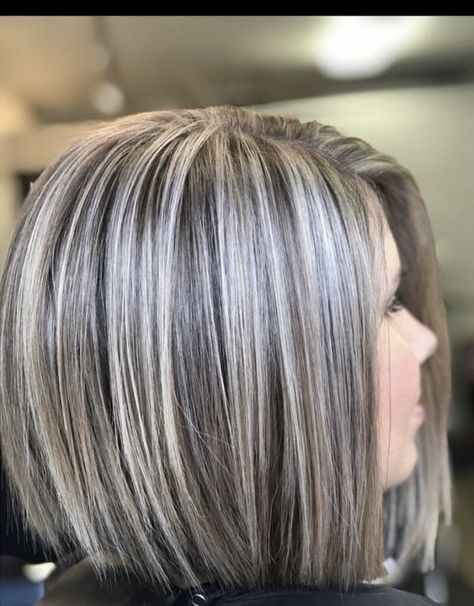 Brown Hair With Silver Highlights Gray Color Trends, Light Brown Hair Gray Highlights, Dark With Platinum Highlights, Grey Hair Highlights Lowlights, Grey Hair With Lowlights Older Women, Blond Gray Hair Color, Mid 40's Hair For Women, Brown Hair Over 50, Long Bob Fine Hair