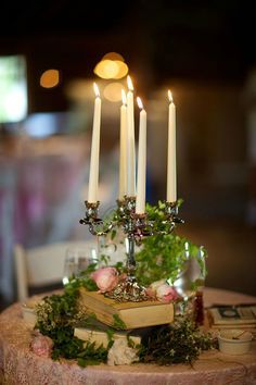 Book Wedding Centerpieces, Vintage Centerpiece, Vintage Wedding Centerpieces, Book Centerpieces, Candelabra Centerpiece, Vintage Centerpieces, Flowers And Greenery, Rustic Barn Wedding, Whimsical Wedding