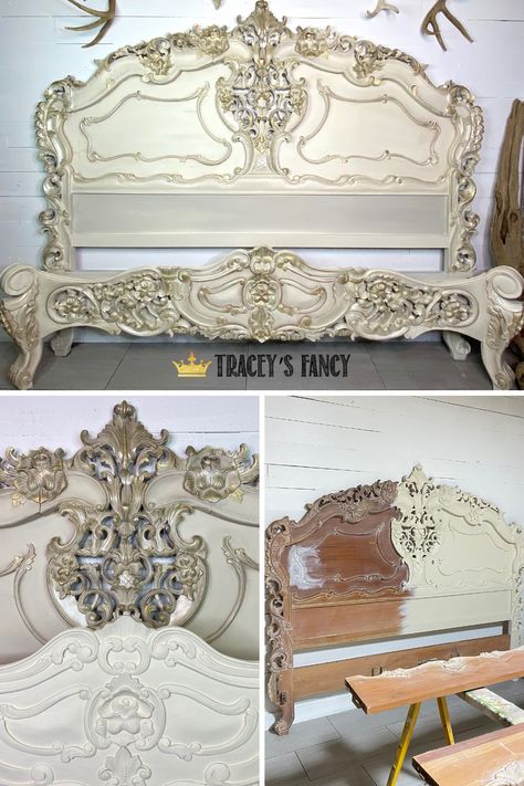 This gorgeous wooden Rococo style furniture got an upgrade with some chalk paint in neutral colors and gold accents. Click over to my blog to see exactly how I achieved this finish! Tracey Bellion #traceysfancy Tracey's Fancy #rococoart Headboard Footboard Bed Frame Wooden Bed Dixie Belle Chalk Paint Chalk Paint Furniture Chalk Paint Colors How To Use Chalk Paint Headboard Ideas Color Wash Gray Chalk Paint Fancy Furniture Paint Headboard Ideas, Chalk Paint Headboard Ideas, Chalk Paint Headboard, Gray And Gold Bedroom, Gold Bedroom Furniture, Chalk Painted Headboard, Paint Headboard, Painted Wood Headboard, Chalk Paint Bed