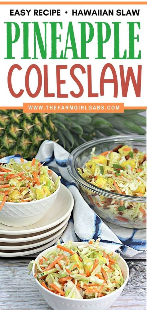 This Hawaiian Coleslaw recipe (or pineapple slaw) is zesty, crunchy and balanced with sweet pineapple flavor. This easy slaw recipe is a tasty twist on the classic coleslaw. Unique Slaw Recipes, Pineapple Slaw Recipes, Hawaiian Coleslaw Recipe, Hawaiian Cole Slaw, Easy Slaw Recipe, Hawaiian Slaw, Hawaiian Coleslaw, Vegetables Ideas, Pineapple Slaw