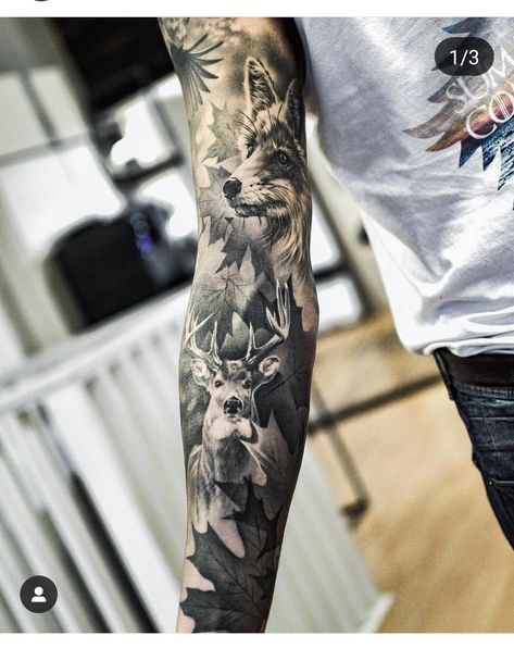 Forest Animal Sleeve Tattoo, Forest Animals Tattoo, Wildlife Tattoo Sleeve, Forest Animal Tattoo, Woodland Tattoo Sleeve, Arm Tattoo Ideas For Men, Deer Hunting Tattoos, Forest Tattoo Sleeve, Natur Tattoo Arm