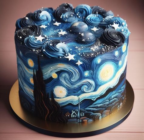 Starry Night Birthday Cake, Van Gogh Cake Birthday, Bolo Van Gogh, Starry Night Birthday Theme, Cake Ideas Blue, Van Gogh Cake, Starry Night Birthday, Starry Night Cake, Gogh Cake