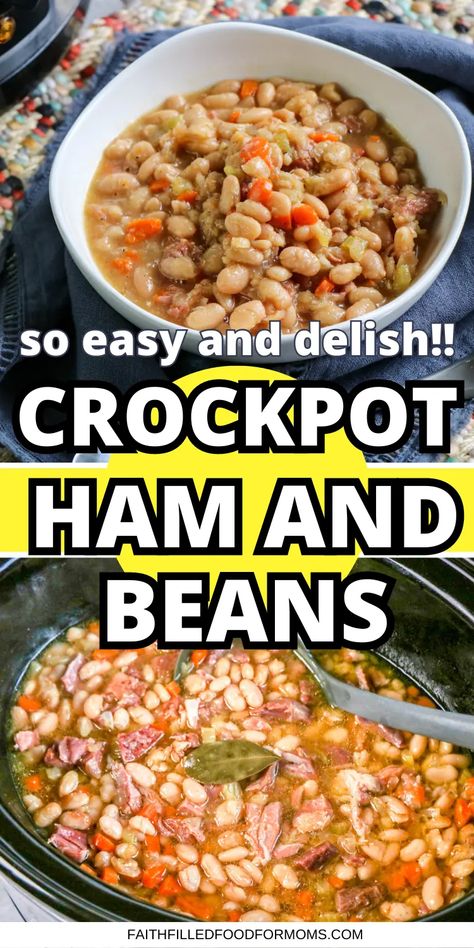 This super easy Crockpot Ham and Beans soup is so easy! Made with dry beans it cost pennies to make. Just a few ingredients and you have a hearty comfort food the whole family will love! Beans In Crockpot Dried, Crockpot Bean Soup Ham, How To Make Soup Beans In A Crock Pot, Crock Pot Soup Beans, Ham And Bean Crockpot, Ham Bean Soup Crockpot Dried Beans, Crockpot Ham And Beans No Soak, Crockpot Bean And Ham Soup, Crockpot Ham And Beans Easy