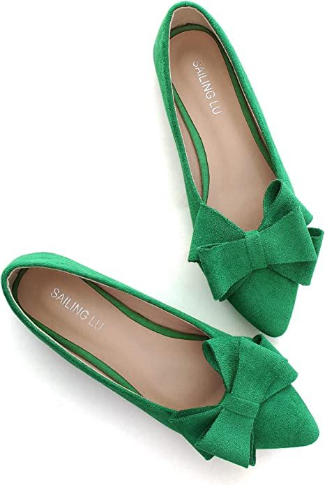 Amazon.com | SAILING LU Bow-Knot Ballet Flats Womens Pointy Toe Flat Shoes Suede Dress Shoes Wear to Work Slip On Moccasins Spring Green Size 6.5 | Flats Suede Dress Shoes, Ballerina Style, Chic Flats, Pointy Toe Flats, Dress Flats, Suede Dress, Black Ballet Flats, Wear To Work, Pretty Shoes