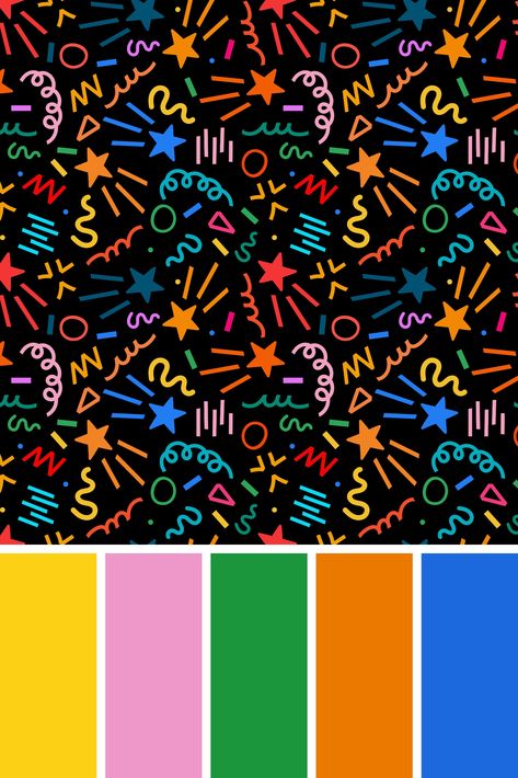 90s colourful doodles pattern 90s Patterns Graphics, 90s Color Pallete, 90s Pattern Aesthetic, 90s Colour Palette, Nostalgic Color Palette, Comic Color Palette, 90s Doodles, 90s Elements, 90s Color Palette