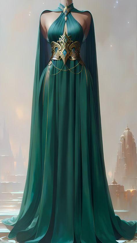 Hooded Gown Haute Couture, Emerald Fantasy Dress, Elven Outfits Casual, Loki Inspired Dresses, Fansty Dresses, Mediavel Dress, 1300s Dress, Elvish Gown, Princess Outfits Medieval