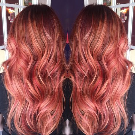 Copper And Rose Gold Hair, Rose Gold Auburn Hair, Rose Gold And Red Hair, Copper And Pink Balayage, Cooper Pink Hair, Copper Rose Hair, Rose Gold Highlights Red Hair, Natural Red Hair With Pink, Rose Gold Hair Redhead