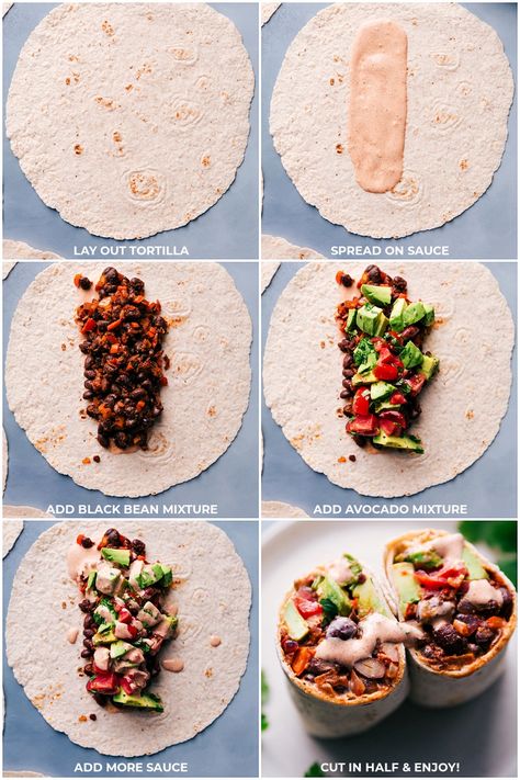 Black Bean Wraps (With A Chili-Lime Sauce) | Chelsea's Messy Apron Black Bean Hummus Wrap, Black Beans Burrito, Kidney Bean Burrito, Bean Wrap Recipe, Bean Wraps Healthy, Cold Burrito Wrap, Veggie Burrito Wraps, Black Bean Wraps Recipes, Bean Tortillas Recipe