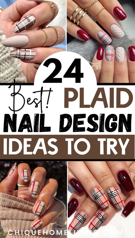 Get your nails ready for sweater weather with these 37 Best Plaid Nail Ideas to Perfect Your Cozy Look! 🧣✨ From classic red and black tartan patterns to modern pastel plaid designs, these nail ideas are perfect for winter vibes. Experiment with matte finishes, glossy topcoats, or even plaid accents paired with solid colors for a chic twist. Add festive touches like glitter stripes or gold detailing to elevate the look. Red Nails With Plaid Accent, Plaid Almond Nails, Plaid Nail Ideas, Red Plaid Nails, Stripe Nail Art Designs, Burberry Nails, Plaid Nail Designs, Plaid Nail Art, Cozy Winter Vibes