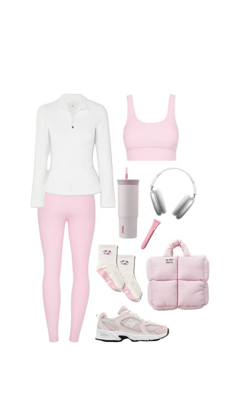 Pilates Princess Workout Outfit, Gym Girly Outfits, Pilates Starter Pack, Girly Gym Outfits, Winter Pilates Outfit, Princess Workout, Lulu Jacket, Pink Fitness, Pilates Outfit