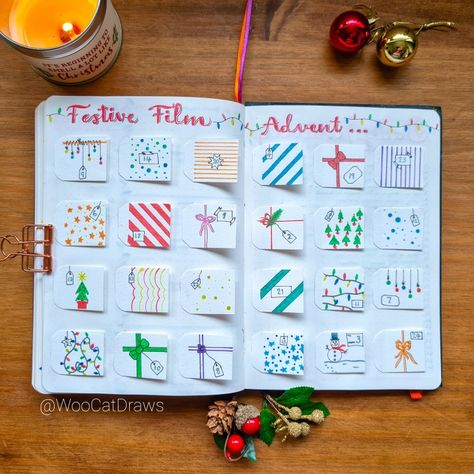 Make your Christmas film watching a surprise with this easy to make Film Advent Bujo spread Journal Advent Calendar, Christmas Bujo, Bujo Spreads, December Bullet Journal, Christmas Films, Film Watch, Journal Spreads, Bullet Journal Design Ideas, Bullet Journal Themes