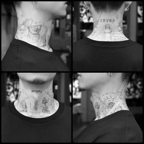 Subtle Neck Tattoo Men, Sculpture Tattoos, Sk Tattoo, Neck Tattoo Men, Allroad Audi, Streetwear Tshirt Design, Throat Tattoo, K Tattoo, Modern Tattoos