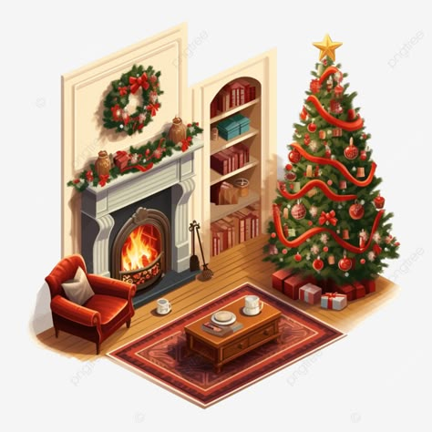 christmas living room with fireplace and christmas tree in the isometric isometry christmas firepl Fireplace And Christmas Tree, Christmas Interior Design, Fireplace Christmas, Christmas Living Room, Room With Fireplace, Kawaii Christmas, Christmas Interiors, Christmas Living Rooms, Indoor Fireplace