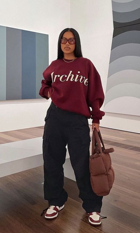 Fear Of God Women Outfit, Flamboyant Natural Tomboy, Auntie Outfit Ideas, Black Women Style Fashion Street Chic, Cute Fall Looks For Black Women, White And Red Sneakers Outfit, Christmas Streetwear Outfit, Short Hair Baddie Outfits, Classy Urban Outfits Women